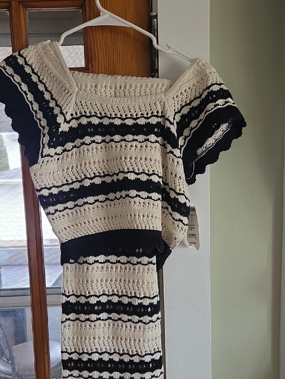 Black & Cream Striped Crochet Two-Piece Set
